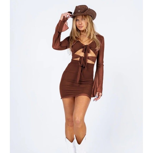 Princess Polly Baewatch Mini Dress In Brown Size 12 NWT - Picture 1 of 9